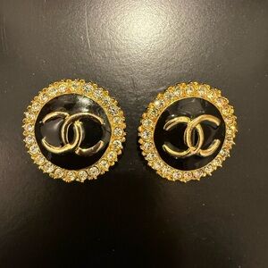 CHANEL Clip On Gold and Black Crystal Earrings